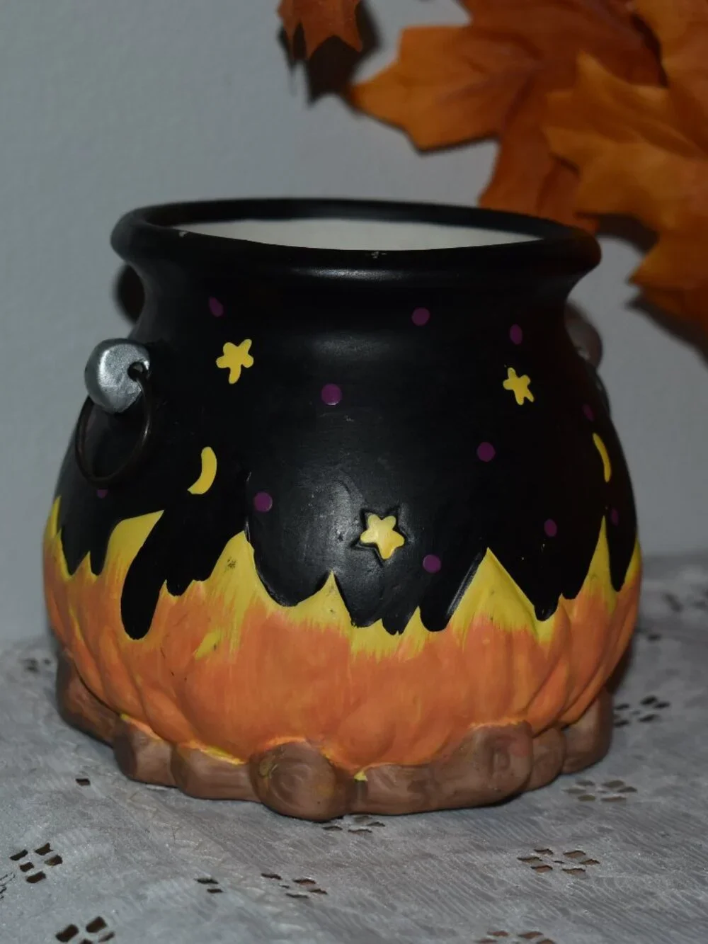 Vintage Ceramic Stars Moon Witch Cauldron Candle Holder Fall Halloween Decor